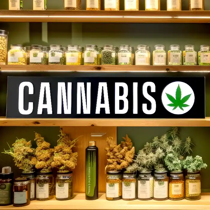 LED Weed sign that says cannabis sitting on a dispensary shelf