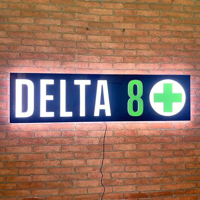Illuminated Delta 8 with green cross LED Sign for dispensaries and hemp shops