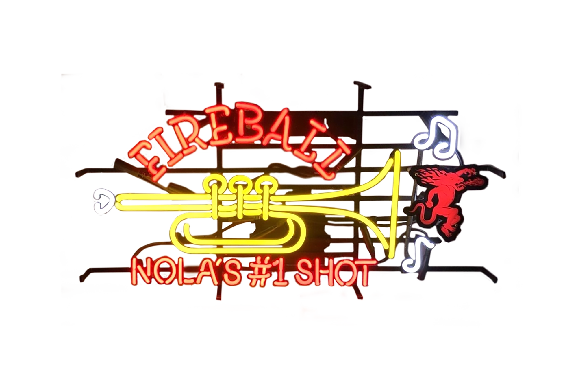 Fireball-Nola-Trumpet-LED-Signs-05 Fireball Nola's Shot Trumpet logo with music notes and Fireball devil Neon bar sign against black brick wall